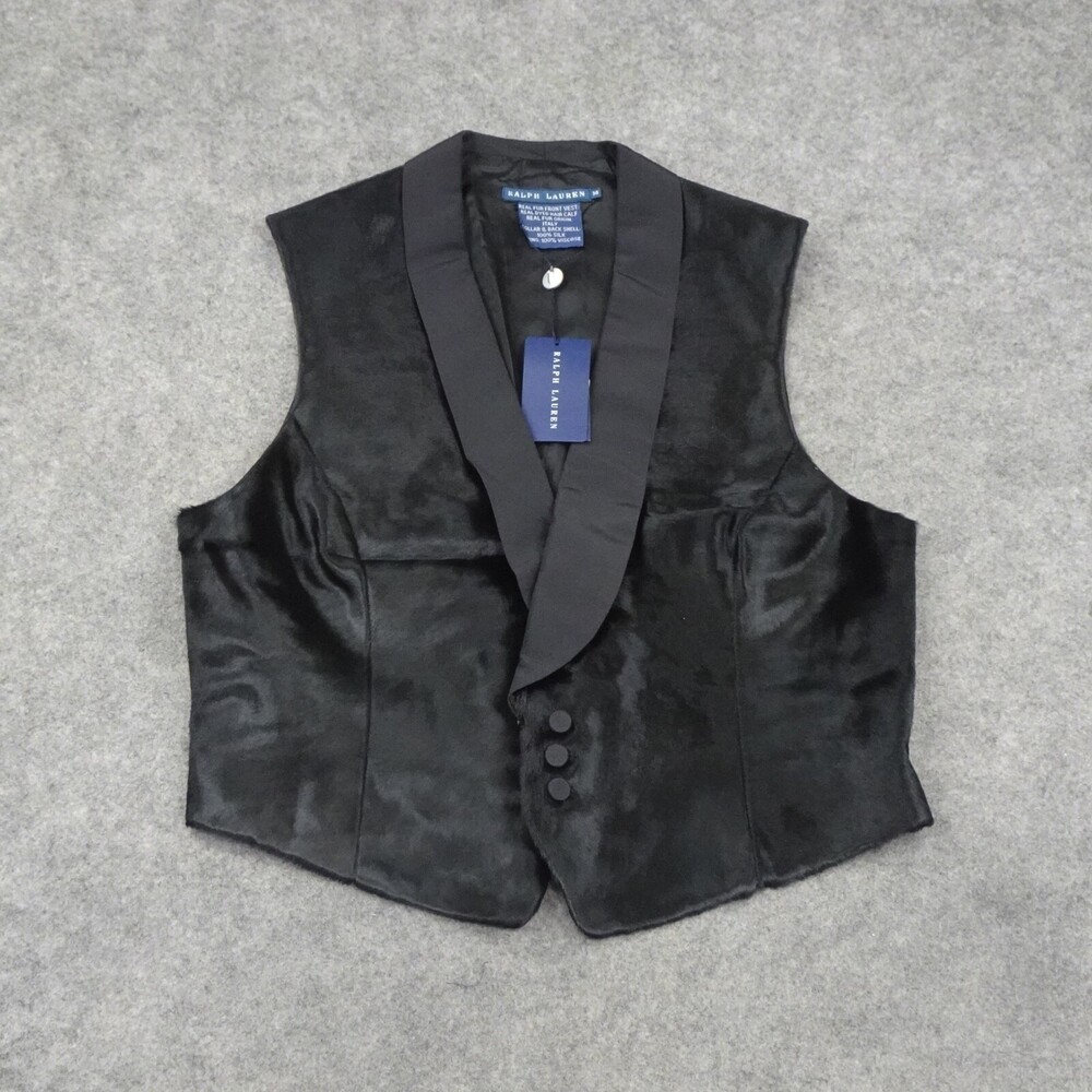 Ralph Lauren Vest Womens 14 Blue Label Black Silk Sleeveless Calf Hair Collar A